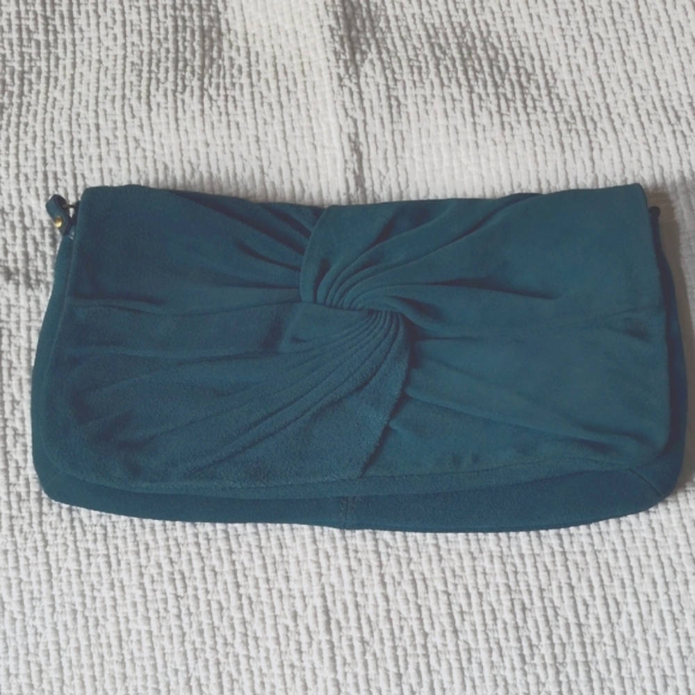 Le Chateau Green and Blue Clutch with Elegant Knotted Design